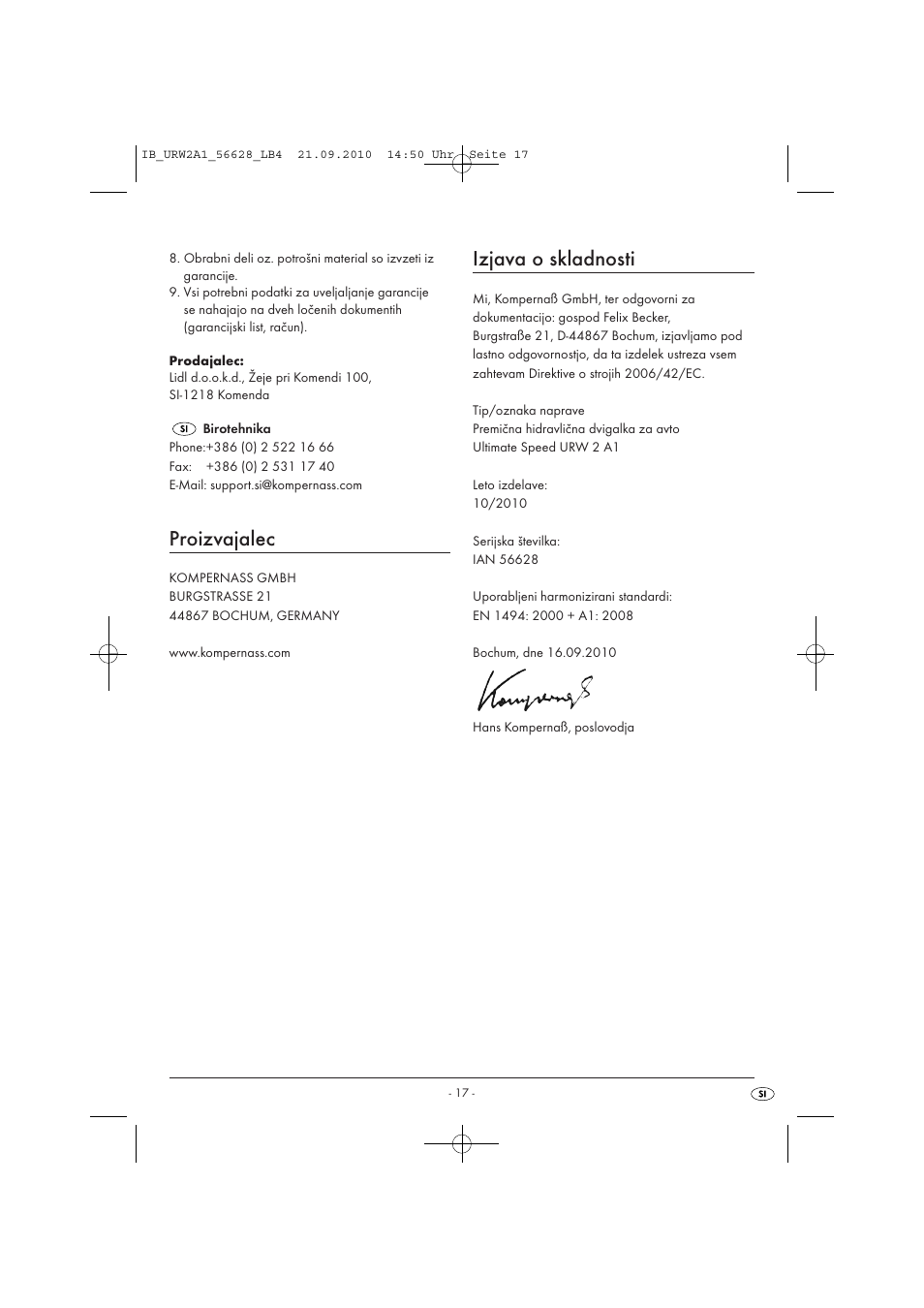 Proizvajalec, Izjava o skladnosti | Ultimate Speed URW 2 A1 User Manual | Page 19 / 31