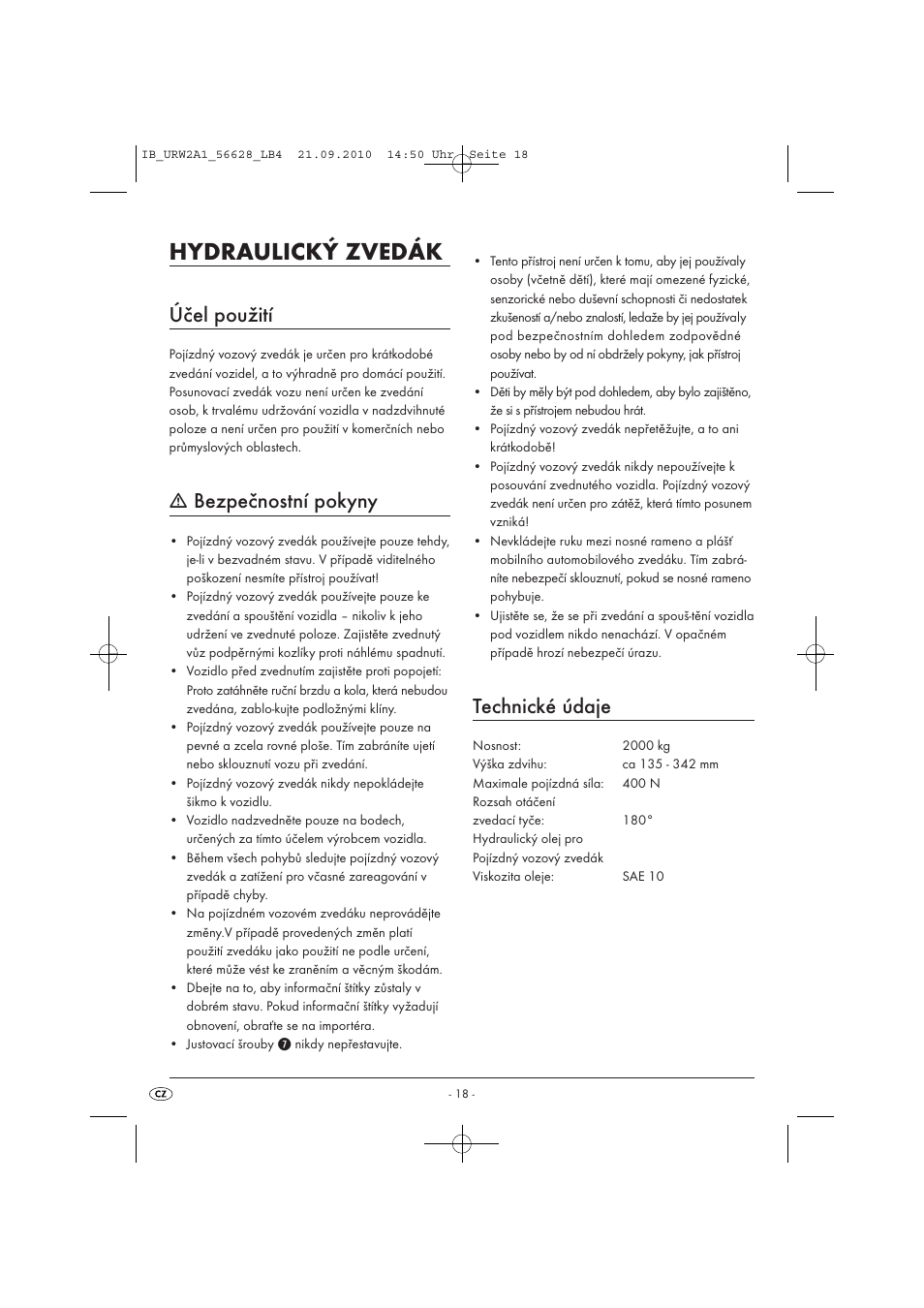 Hydraulický zvedák, Účel použití, Bezpečnostní pokyny | Technické údaje | Ultimate Speed URW 2 A1 User Manual | Page 20 / 31