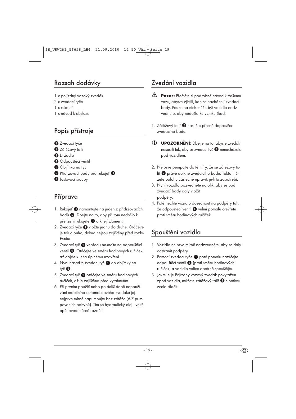 Rozsah dodávky, Popis přístroje, Příprava | Zvedání vozidla, Spouštění vozidla | Ultimate Speed URW 2 A1 User Manual | Page 21 / 31