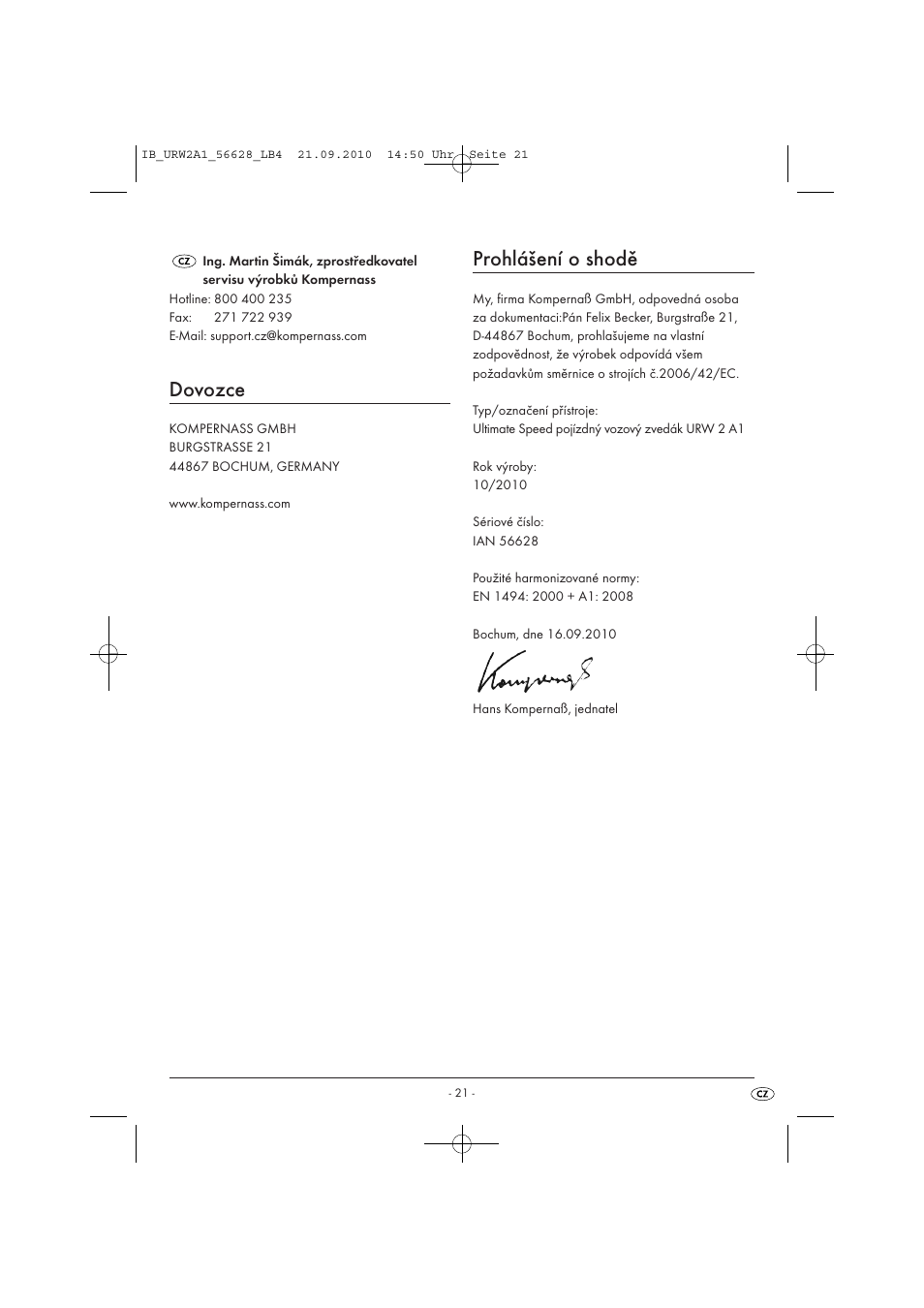 Dovozce, Prohlášení o shodě | Ultimate Speed URW 2 A1 User Manual | Page 23 / 31