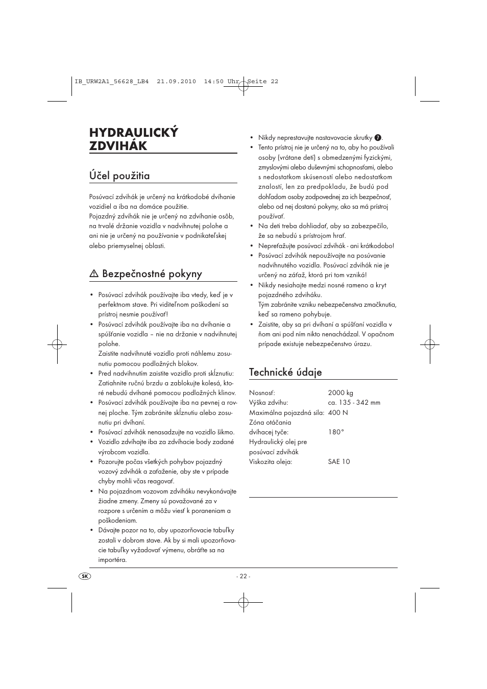 Hydraulický zdvihák, Účel použitia, Bezpečnostné pokyny | Technické údaje | Ultimate Speed URW 2 A1 User Manual | Page 24 / 31