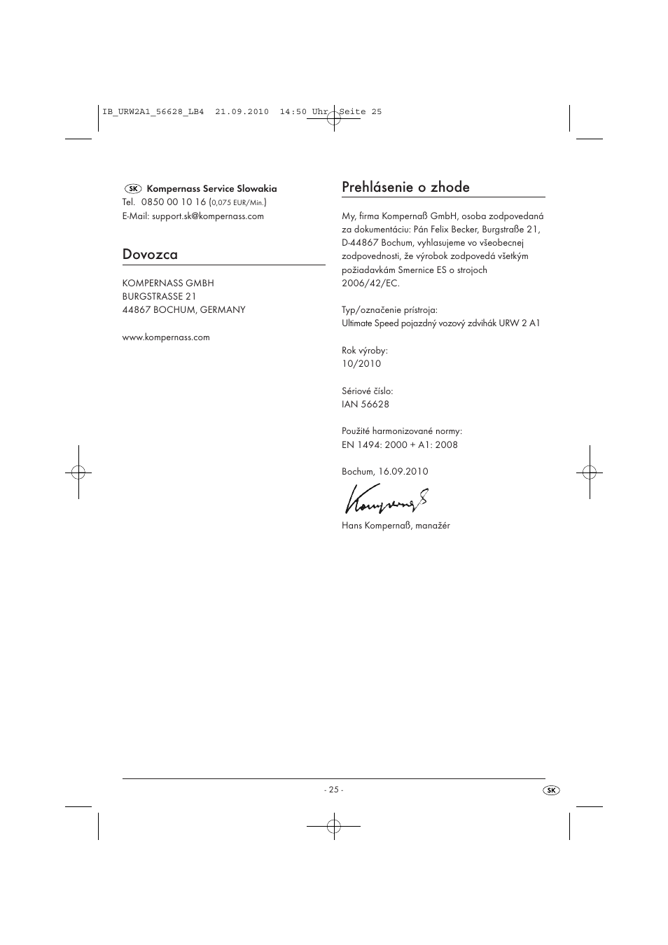 Dovozca, Prehlásenie o zhode | Ultimate Speed URW 2 A1 User Manual | Page 27 / 31