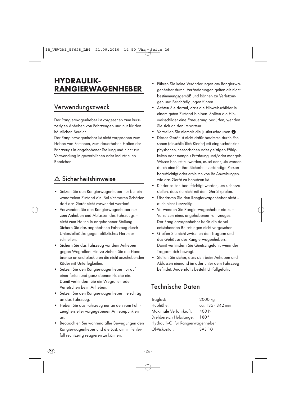 Hydraulik- rangierwagenheber, Verwendungszweck, Sicherheitshinweise | Technische daten | Ultimate Speed URW 2 A1 User Manual | Page 28 / 31