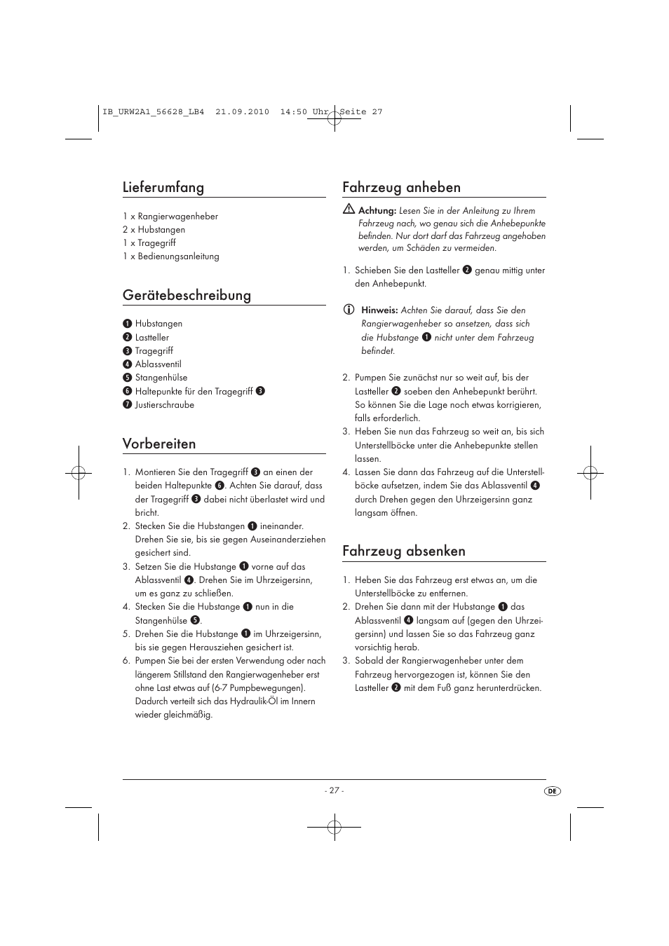 Lieferumfang, Gerätebeschreibung, Vorbereiten | Fahrzeug anheben, Fahrzeug absenken | Ultimate Speed URW 2 A1 User Manual | Page 29 / 31
