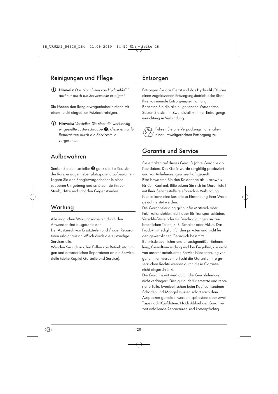 Reinigungen und pflege, Aufbewahren, Wartung | Entsorgen, Garantie und service | Ultimate Speed URW 2 A1 User Manual | Page 30 / 31