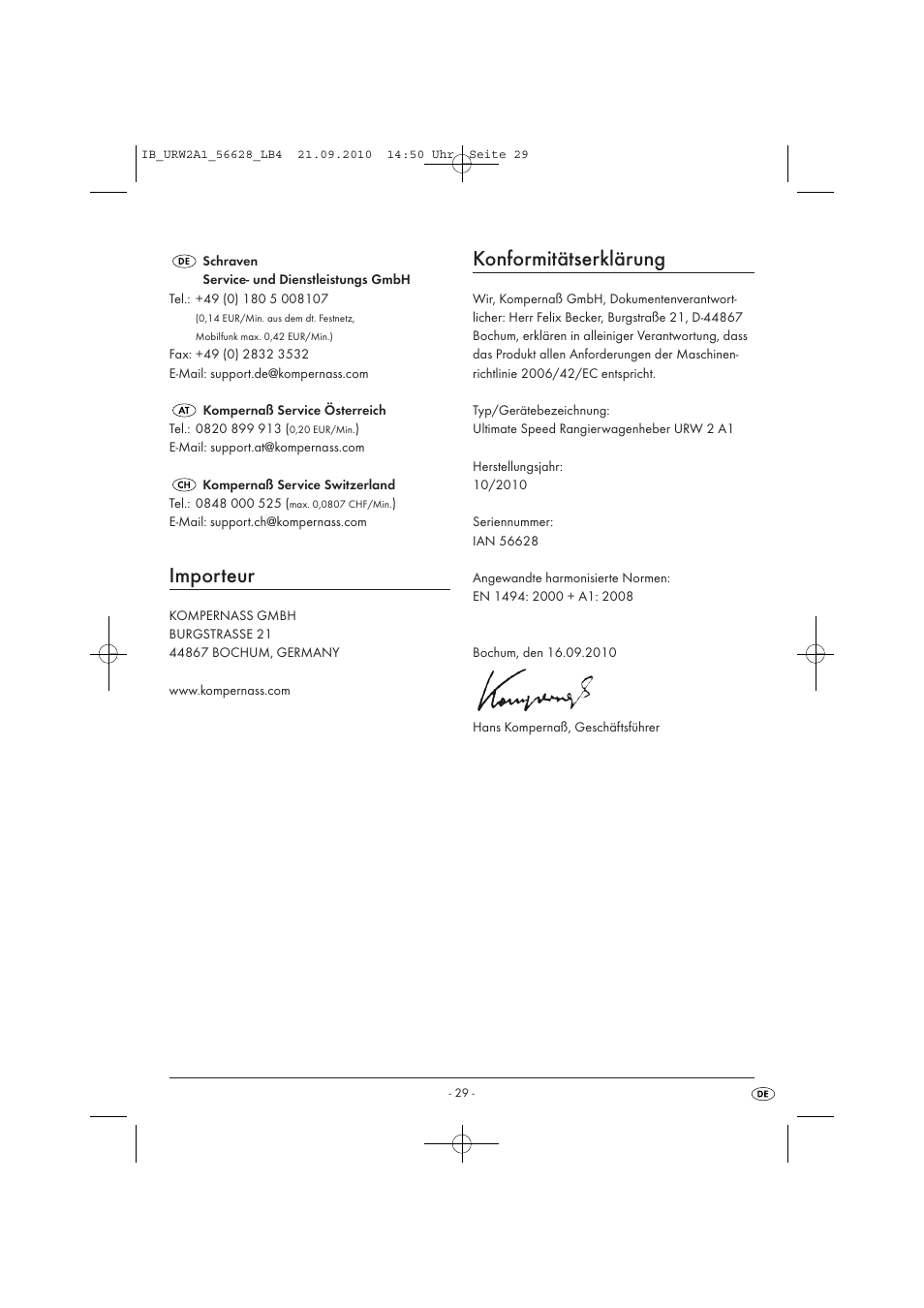 Importeur, Konformitätserklärung | Ultimate Speed URW 2 A1 User Manual | Page 31 / 31