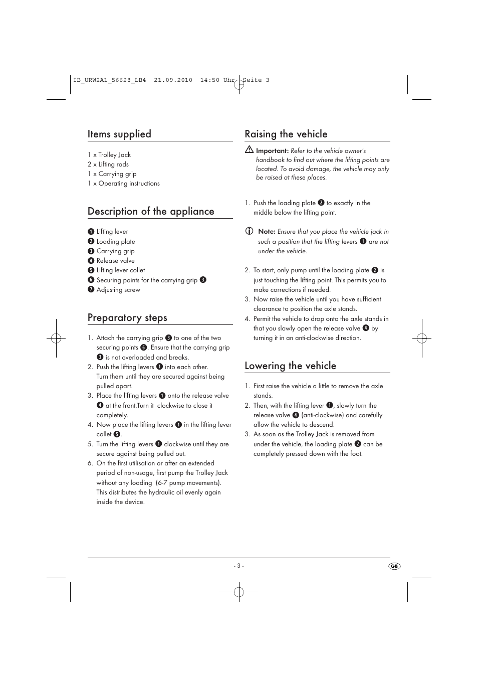 Items supplied, Description of the appliance, Preparatory steps | Raising the vehicle, Lowering the vehicle | Ultimate Speed URW 2 A1 User Manual | Page 5 / 31