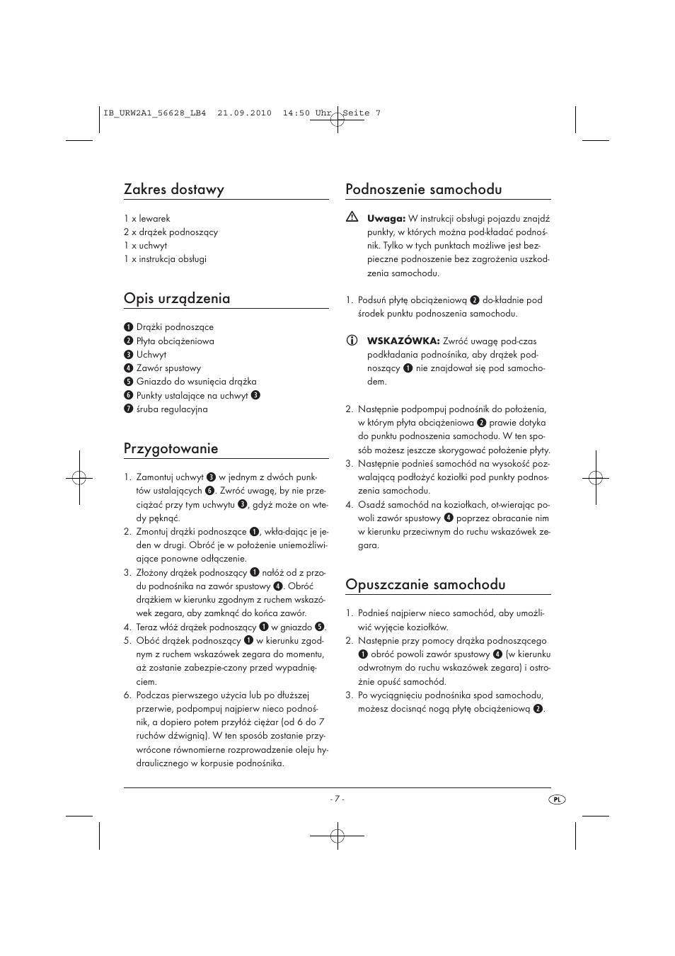 Zakres dostawy, Opis urządzenia, Przygotowanie | Podnoszenie samochodu, Opuszczanie samochodu | Ultimate Speed URW 2 A1 User Manual | Page 9 / 31