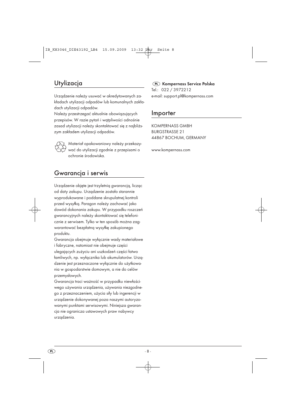 Utylizacja, Gwarancja i serwis, Importer | Ultimate Speed KH 3046 User Manual | Page 10 / 35