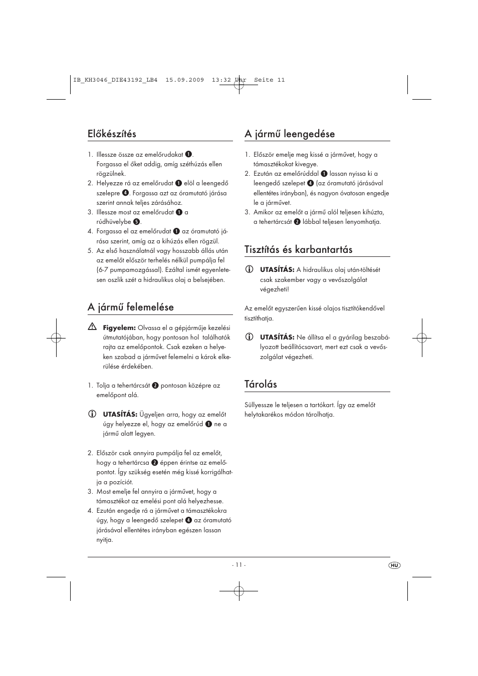 Előkészítés, A jármű felemelése, A jármű leengedése | Tisztítás és karbantartás, Tárolás | Ultimate Speed KH 3046 User Manual | Page 13 / 35