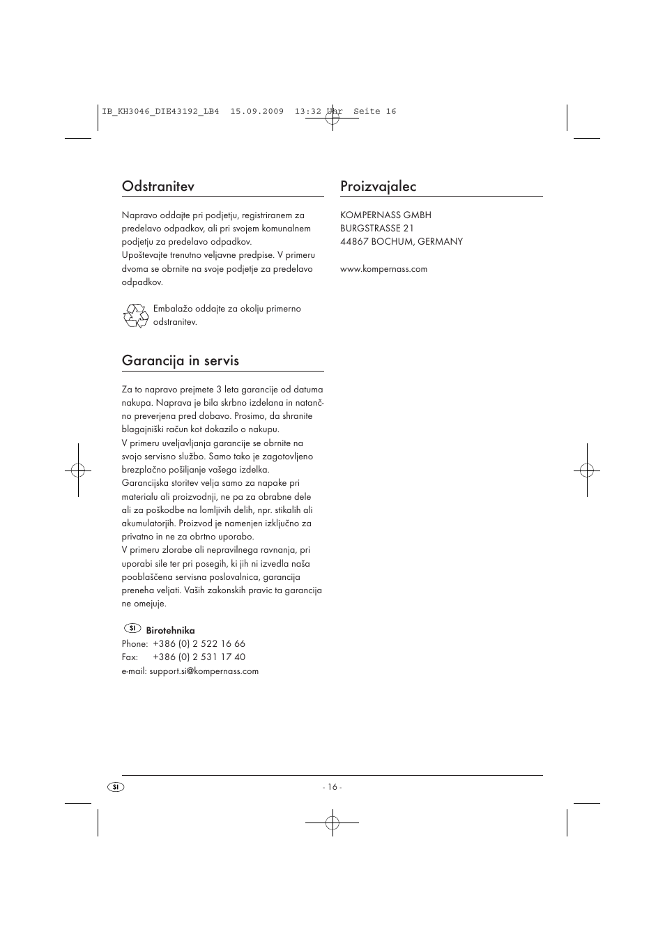 Odstranitev, Garancija in servis, Proizvajalec | Ultimate Speed KH 3046 User Manual | Page 18 / 35