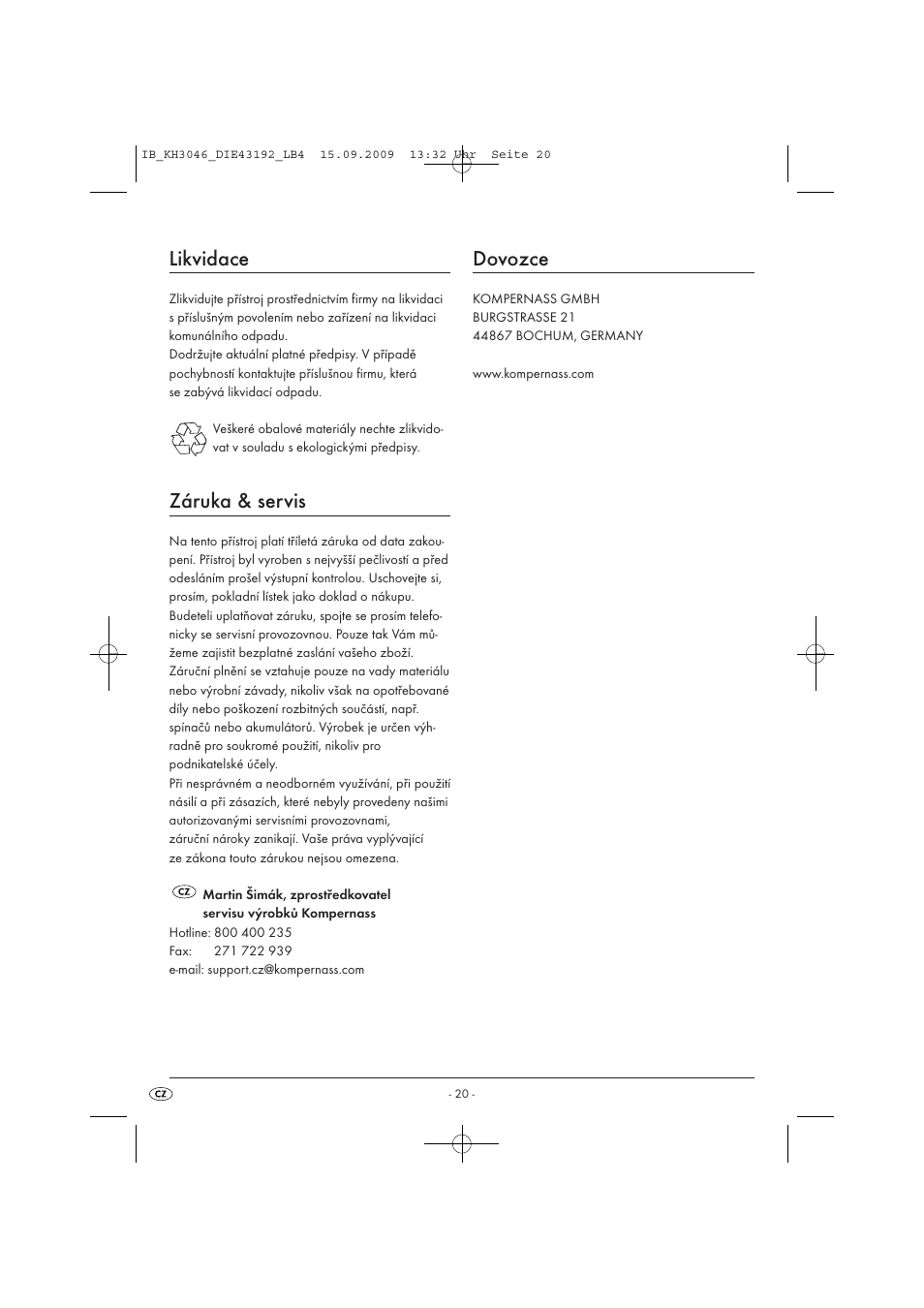 Likvidace, Záruka & servis, Dovozce | Ultimate Speed KH 3046 User Manual | Page 22 / 35