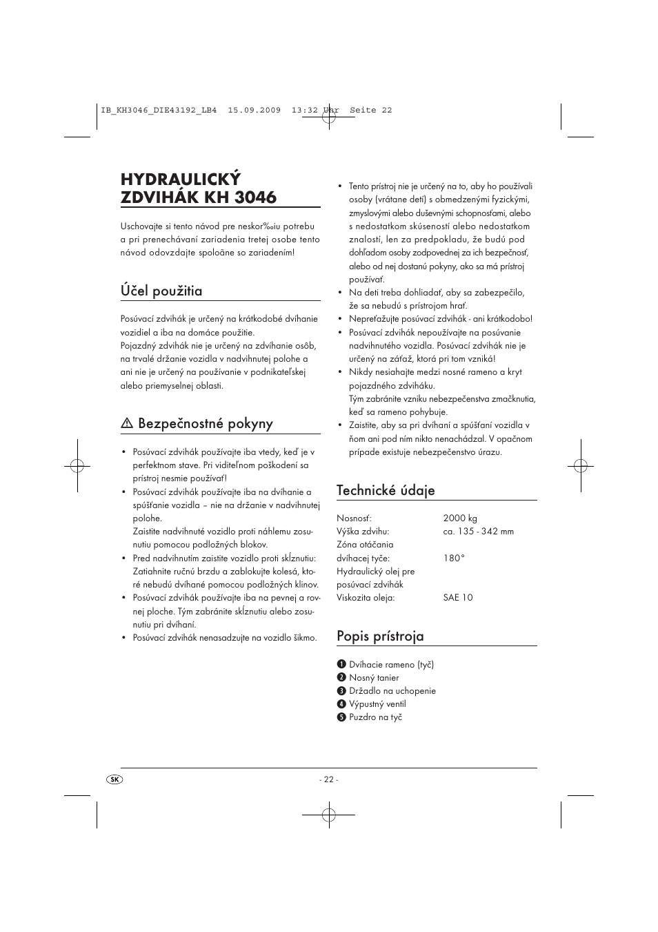 Hydraulický zdvihák kh 3046, Účel použitia, Bezpečnostné pokyny | Technické údaje, Popis prístroja | Ultimate Speed KH 3046 User Manual | Page 24 / 35