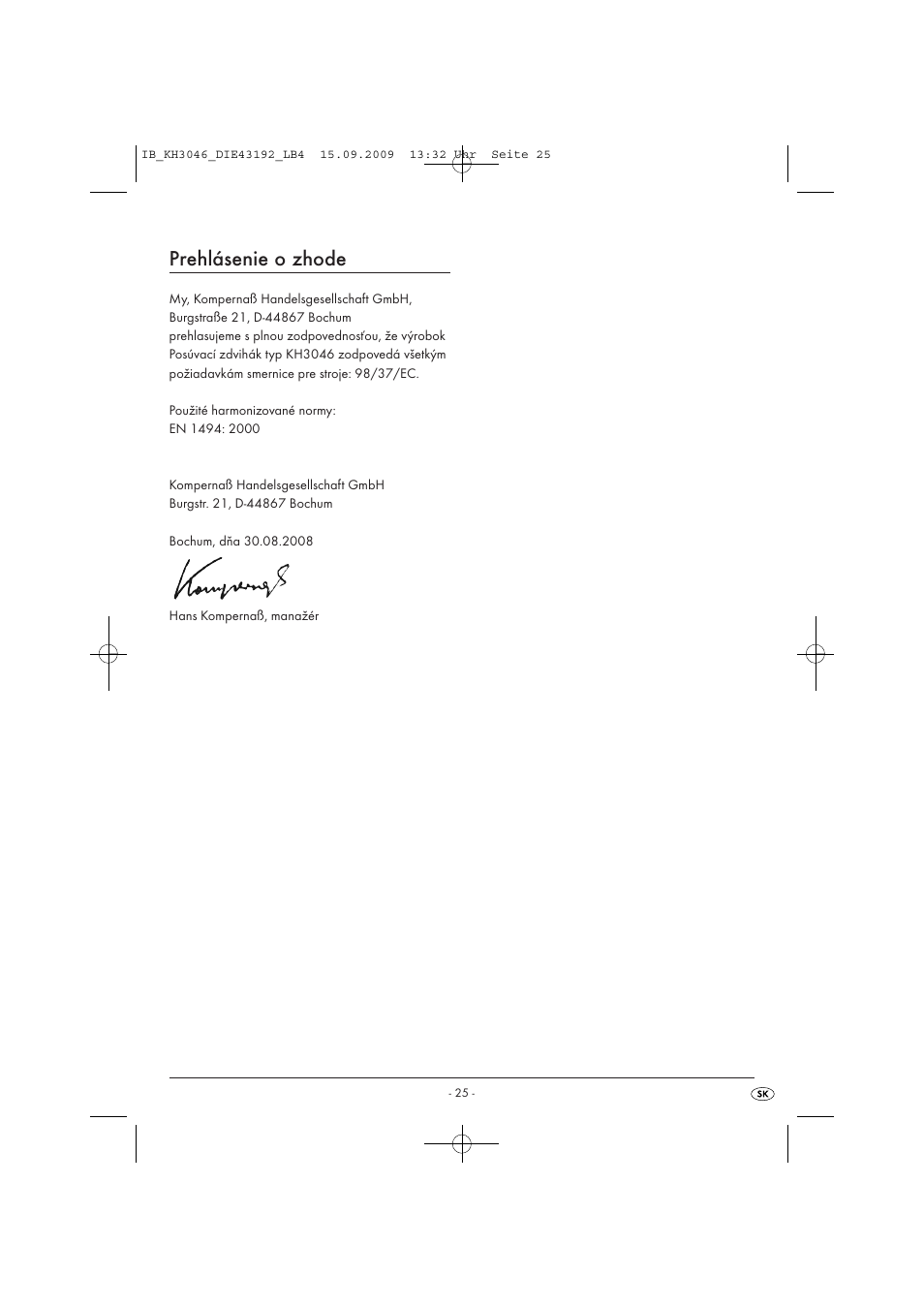 Prehlásenie o zhode | Ultimate Speed KH 3046 User Manual | Page 27 / 35