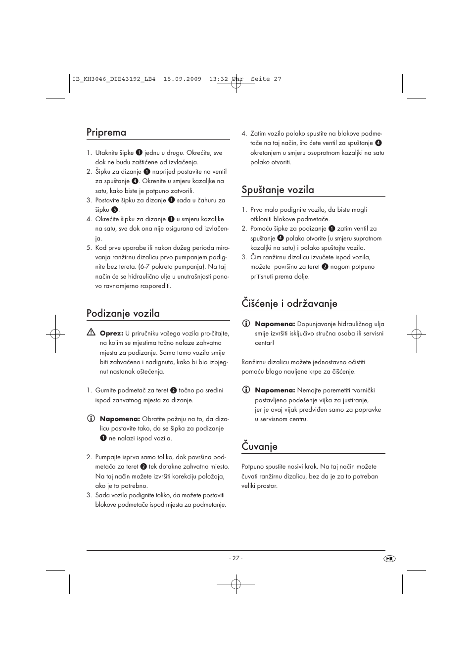 Priprema, Podizanje vozila, Spuštanje vozila | Čišćenje i održavanje, Čuvanje | Ultimate Speed KH 3046 User Manual | Page 29 / 35