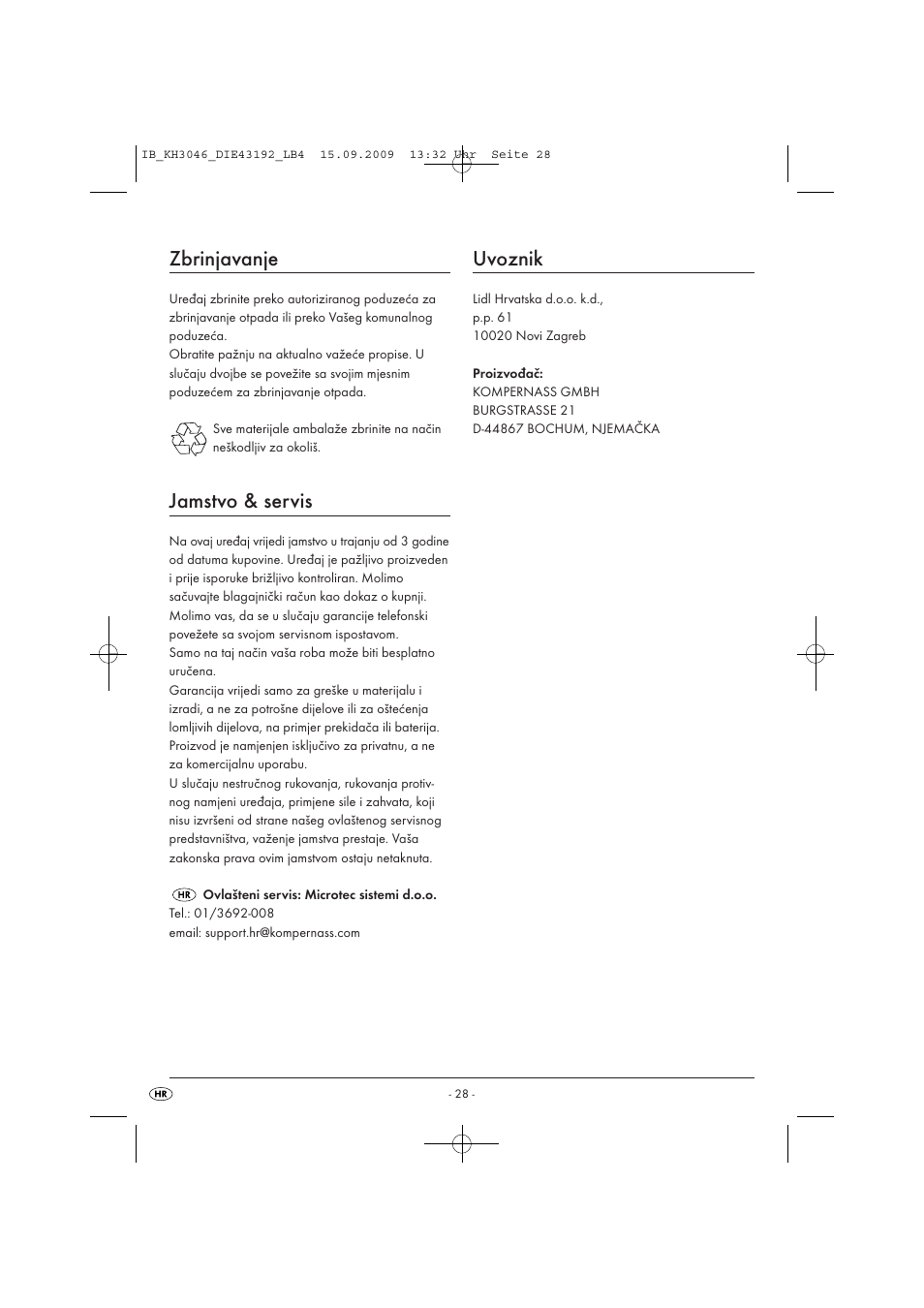 Zbrinjavanje, Jamstvo & servis, Uvoznik | Ultimate Speed KH 3046 User Manual | Page 30 / 35