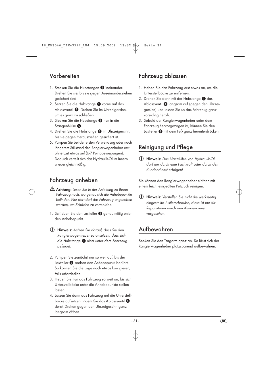 Vorbereiten, Fahrzeug anheben, Fahrzeug ablassen | Reinigung und pflege, Aufbewahren | Ultimate Speed KH 3046 User Manual | Page 33 / 35