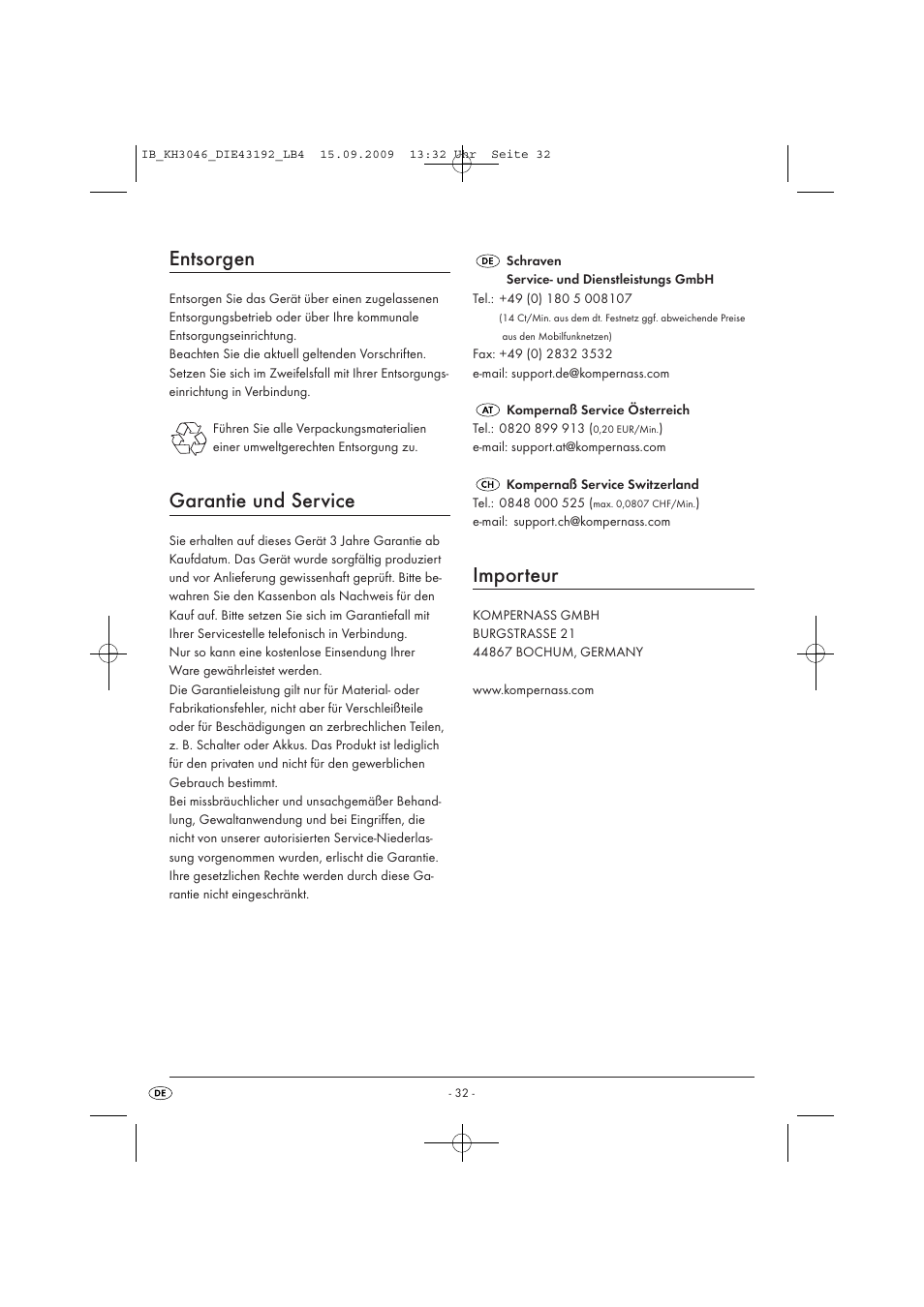 Entsorgen, Garantie und service, Importeur | Ultimate Speed KH 3046 User Manual | Page 34 / 35