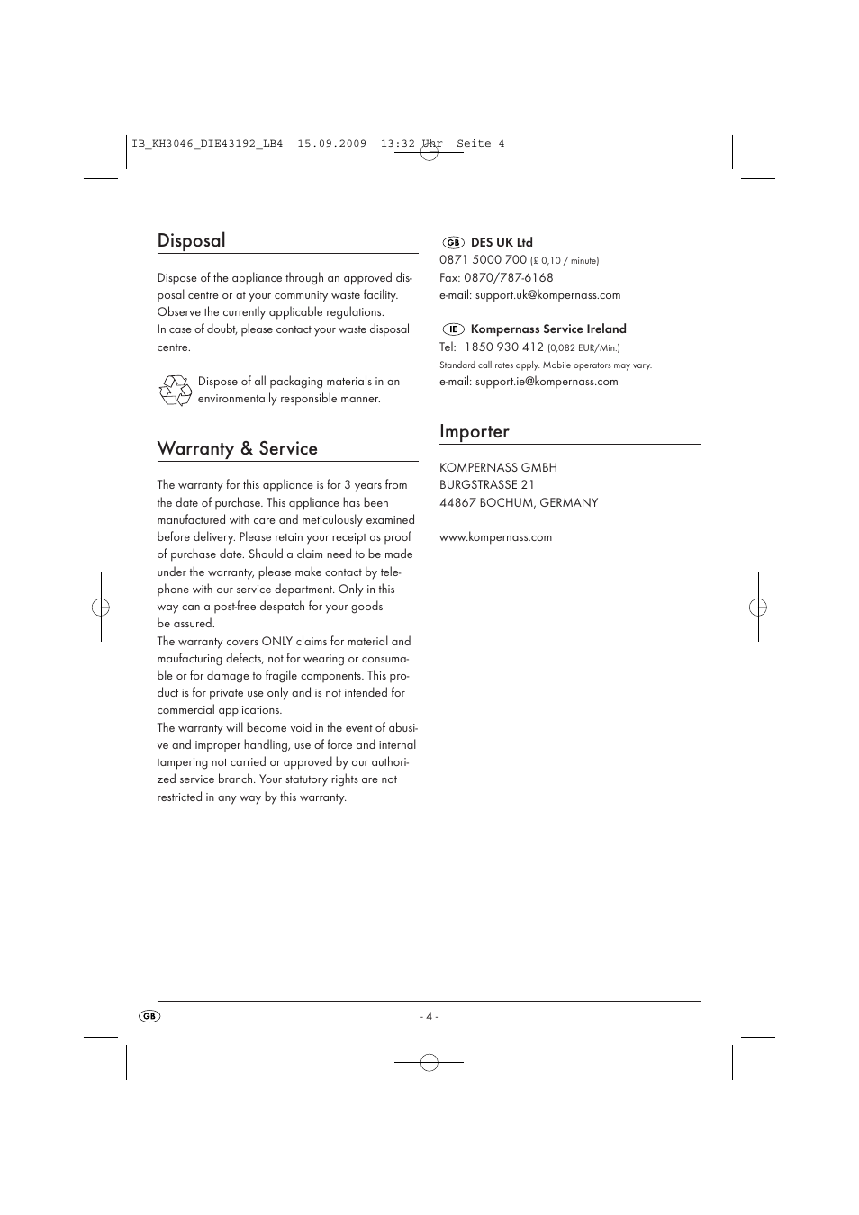 Disposal, Warranty & service, Importer | Ultimate Speed KH 3046 User Manual | Page 6 / 35