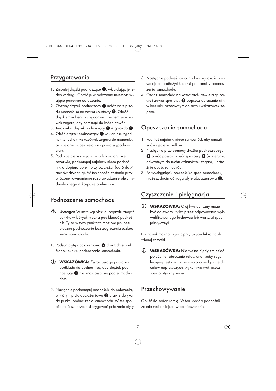 Przygotowanie, Podnoszenie samochodu, Opuszczanie samochodu | Czyszczenie i pielęgnacja, Przechowywanie | Ultimate Speed KH 3046 User Manual | Page 9 / 35