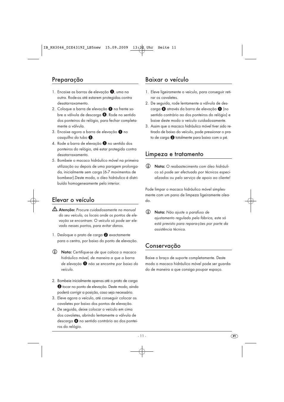 Preparação, Elevar o veículo, Baixar o veículo | Limpeza e tratamento, Conservação | Ultimate Speed KH 3046 User Manual | Page 13 / 23