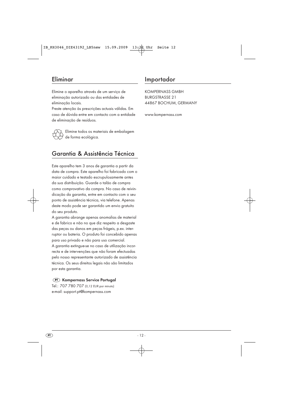 Eliminar, Garantia & assistência técnica, Importador | Ultimate Speed KH 3046 User Manual | Page 14 / 23