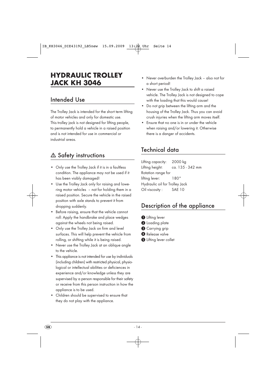 Hydraulic trolley jack kh 3046, Intended use, Safety instructions | Technical data, Description of the appliance | Ultimate Speed KH 3046 User Manual | Page 16 / 23