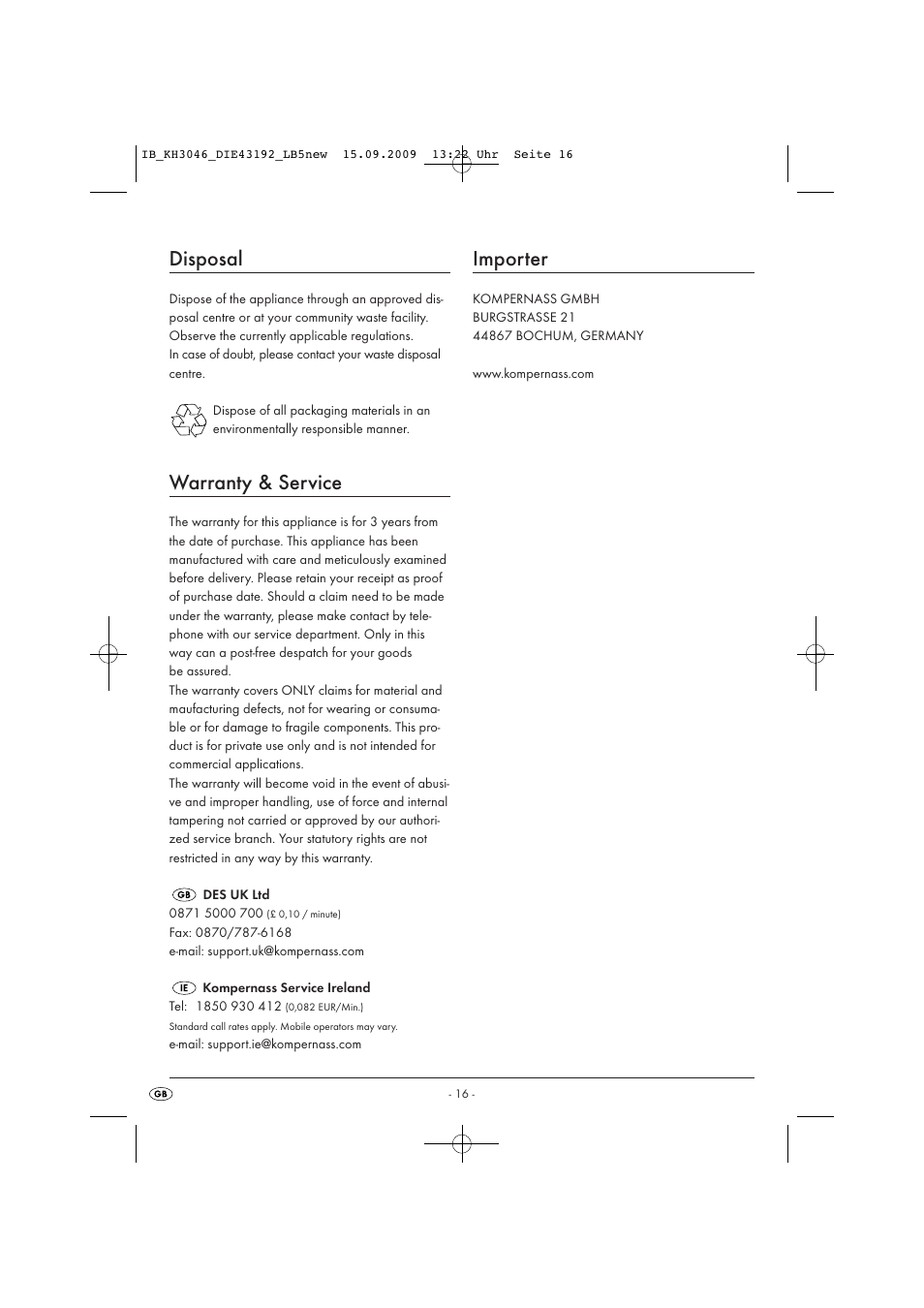 Disposal, Warranty & service, Importer | Ultimate Speed KH 3046 User Manual | Page 18 / 23