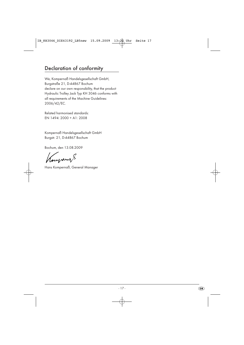 Declaration of conformity | Ultimate Speed KH 3046 User Manual | Page 19 / 23