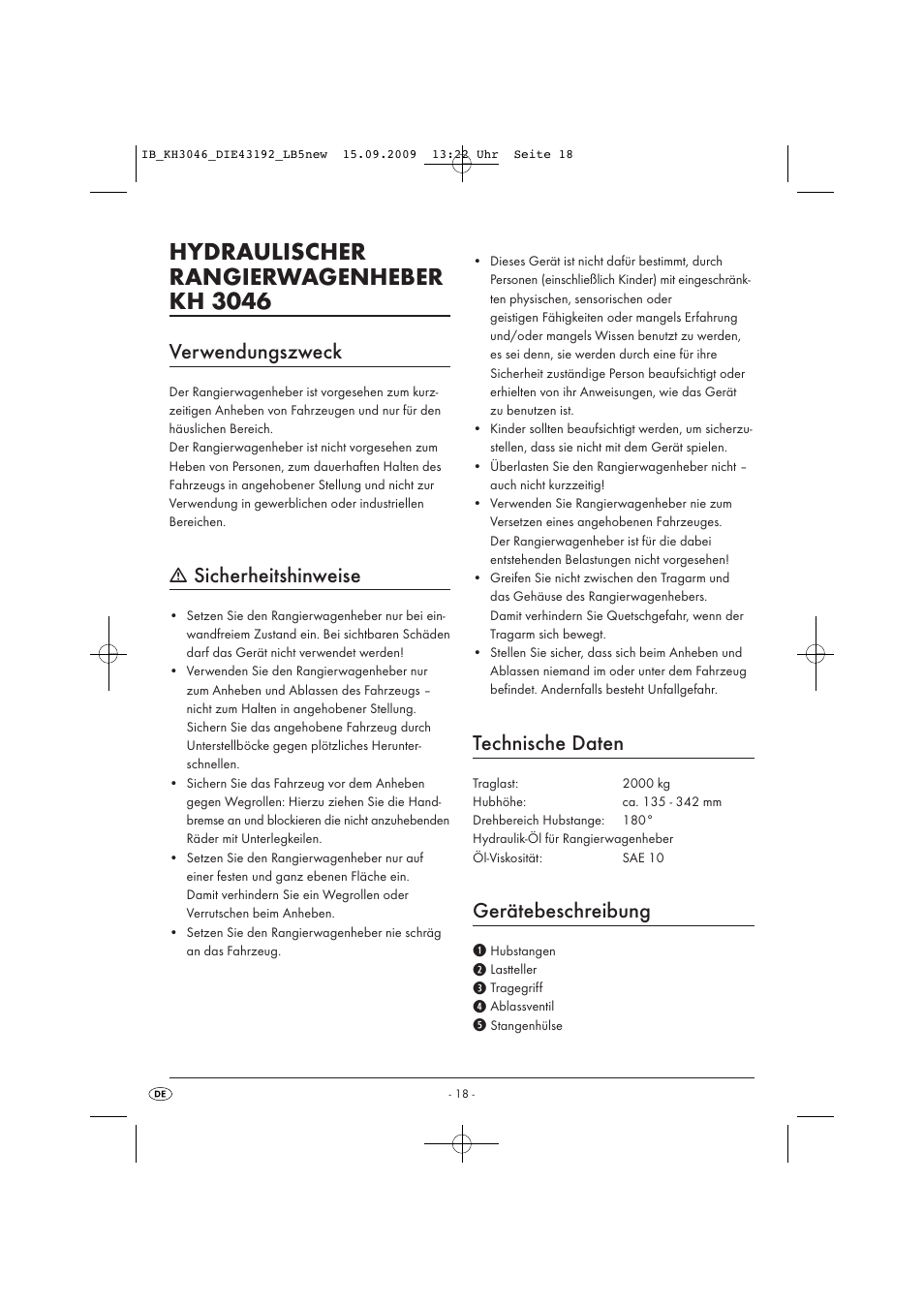 Hydraulischer rangierwagenheber kh 3046, Verwendungszweck, Sicherheitshinweise | Technische daten, Gerätebeschreibung | Ultimate Speed KH 3046 User Manual | Page 20 / 23