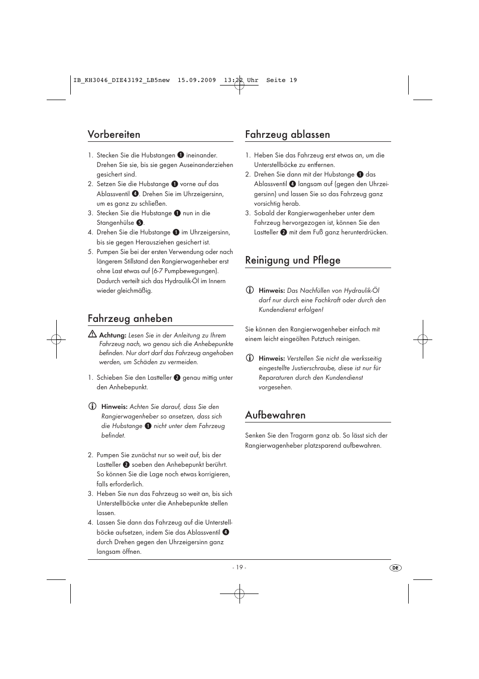 Vorbereiten, Fahrzeug anheben, Fahrzeug ablassen | Reinigung und pflege, Aufbewahren | Ultimate Speed KH 3046 User Manual | Page 21 / 23