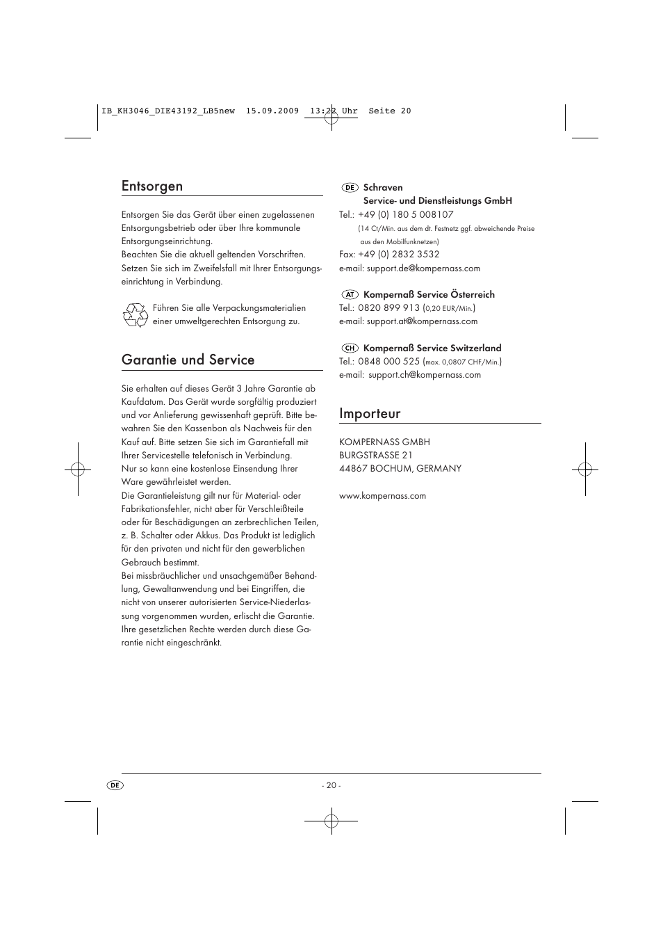 Entsorgen, Garantie und service, Importeur | Ultimate Speed KH 3046 User Manual | Page 22 / 23