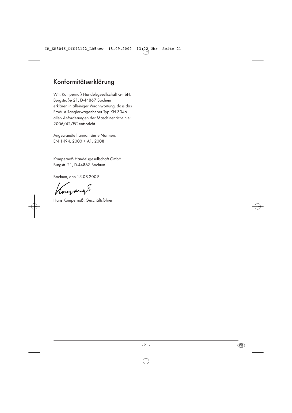 Konformitätserklärung | Ultimate Speed KH 3046 User Manual | Page 23 / 23