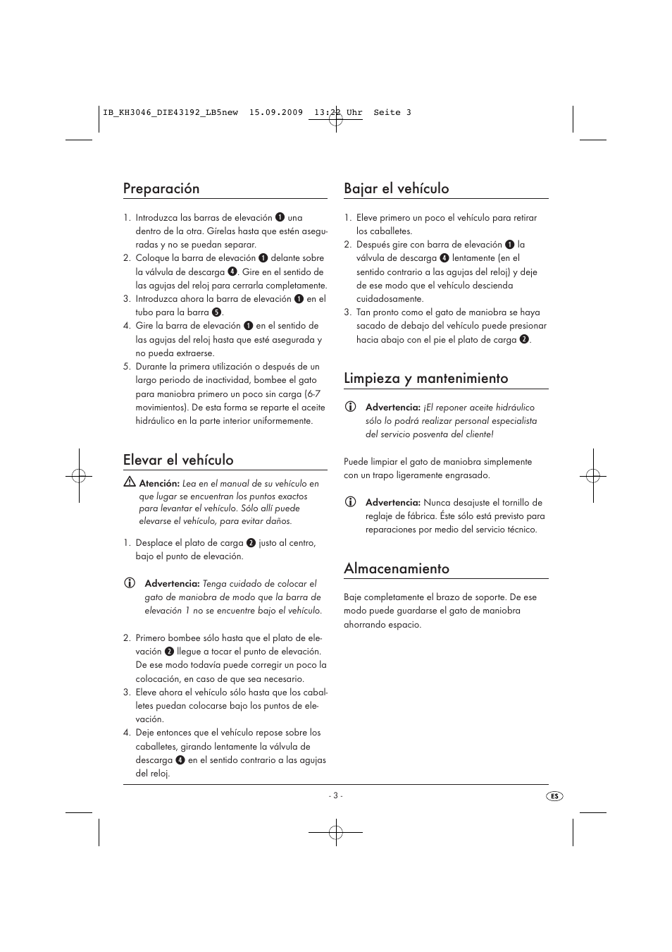 Preparación, Elevar el vehículo, Bajar el vehículo | Limpieza y mantenimiento, Almacenamiento | Ultimate Speed KH 3046 User Manual | Page 5 / 23