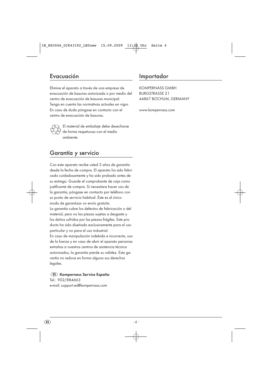 Evacuación, Garantía y servicio, Importador | Ultimate Speed KH 3046 User Manual | Page 6 / 23
