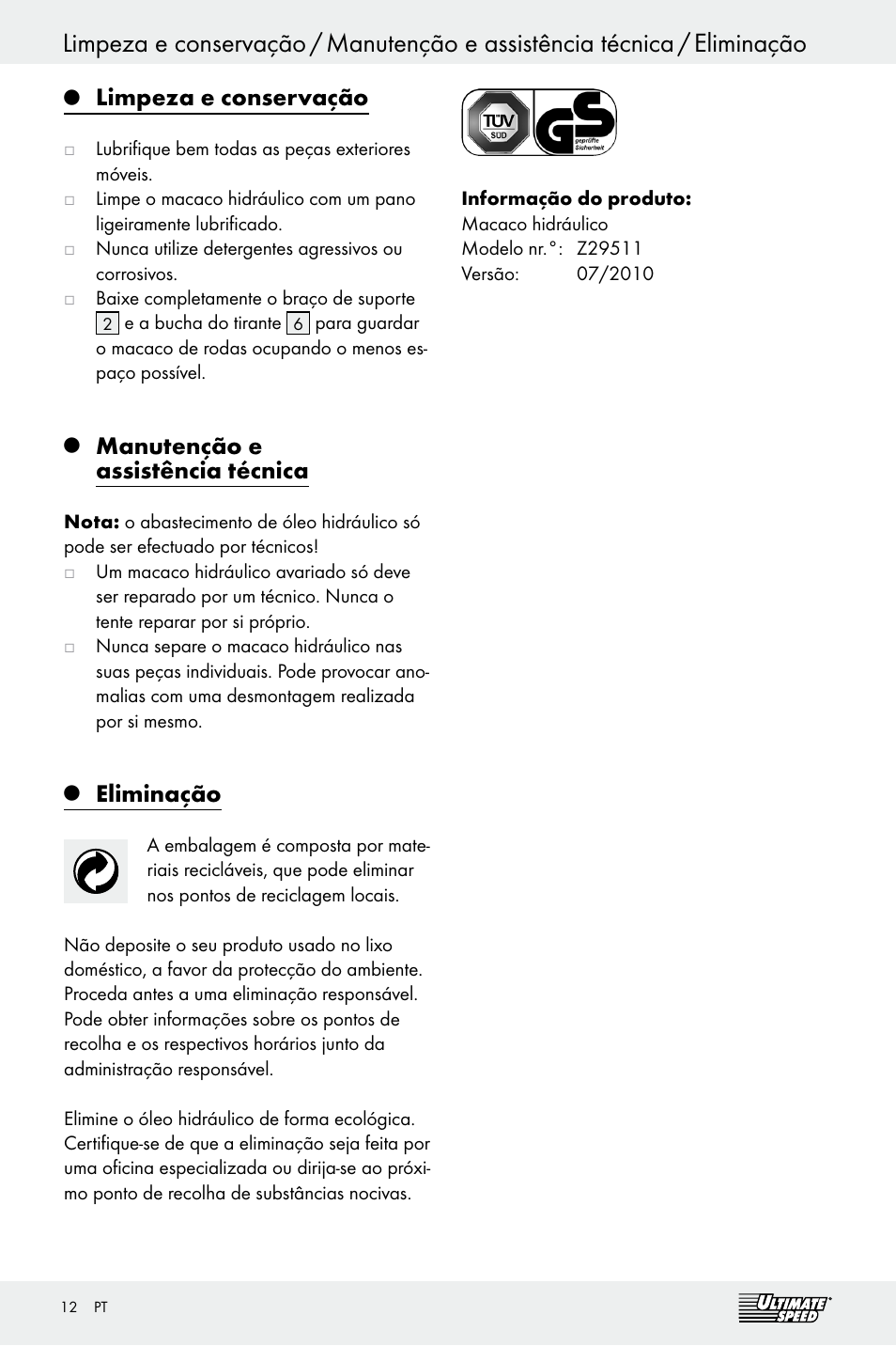 Limpeza e conservação, Manutenção e assistência técnica, Eliminação | Ultimate Speed Z29511 User Manual | Page 12 / 19