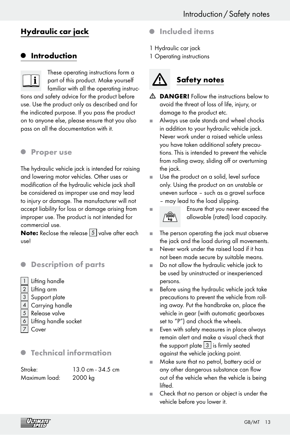 Hydraulic car jack, Introduction, Proper use | Description of parts, Technical information, Included items | Ultimate Speed Z29511 User Manual | Page 13 / 19