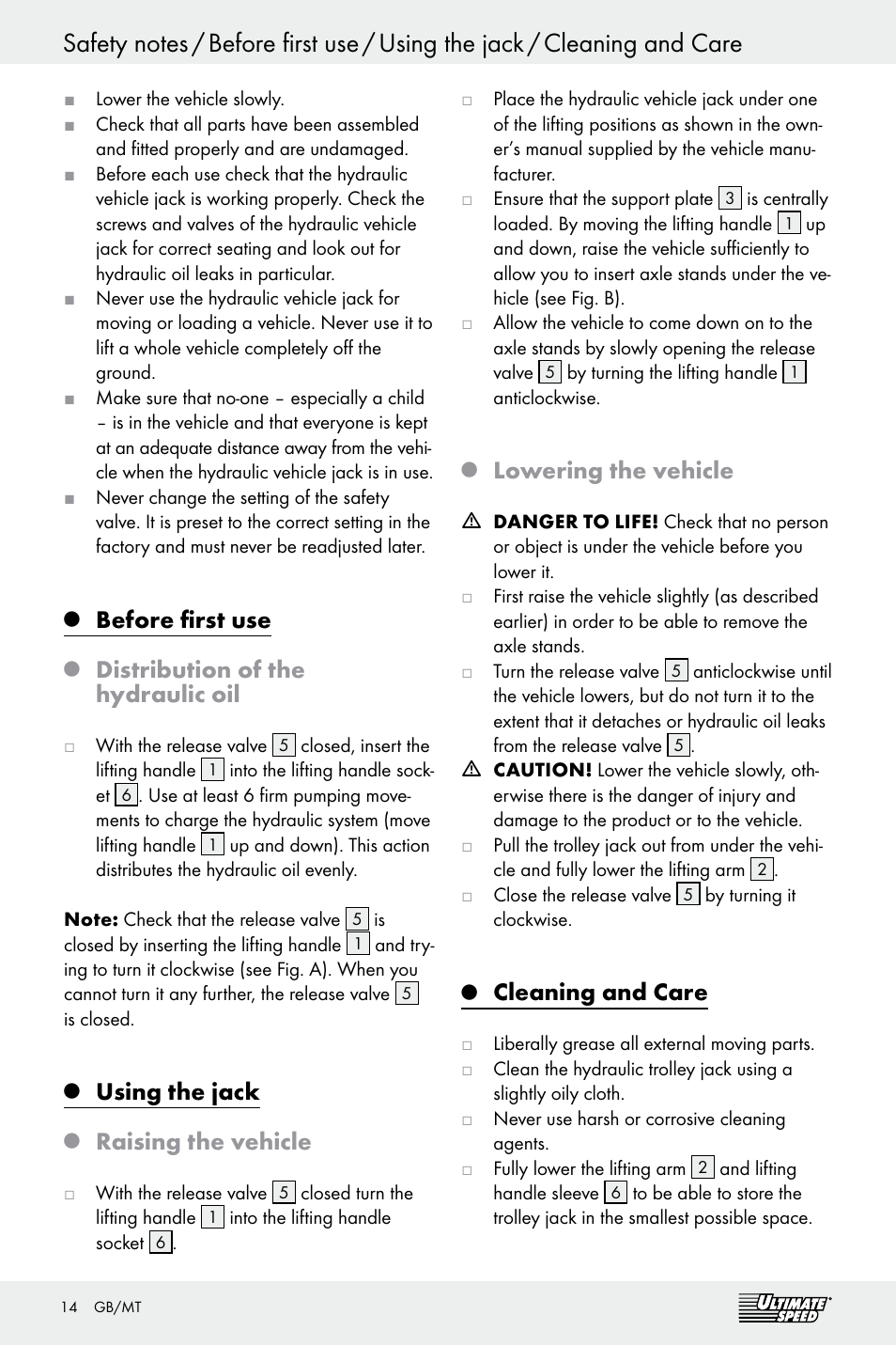 Before first use, Distribution of the hydraulic oil, Using the jack | Raising the vehicle, Lowering the vehicle, Cleaning and care | Ultimate Speed Z29511 User Manual | Page 14 / 19