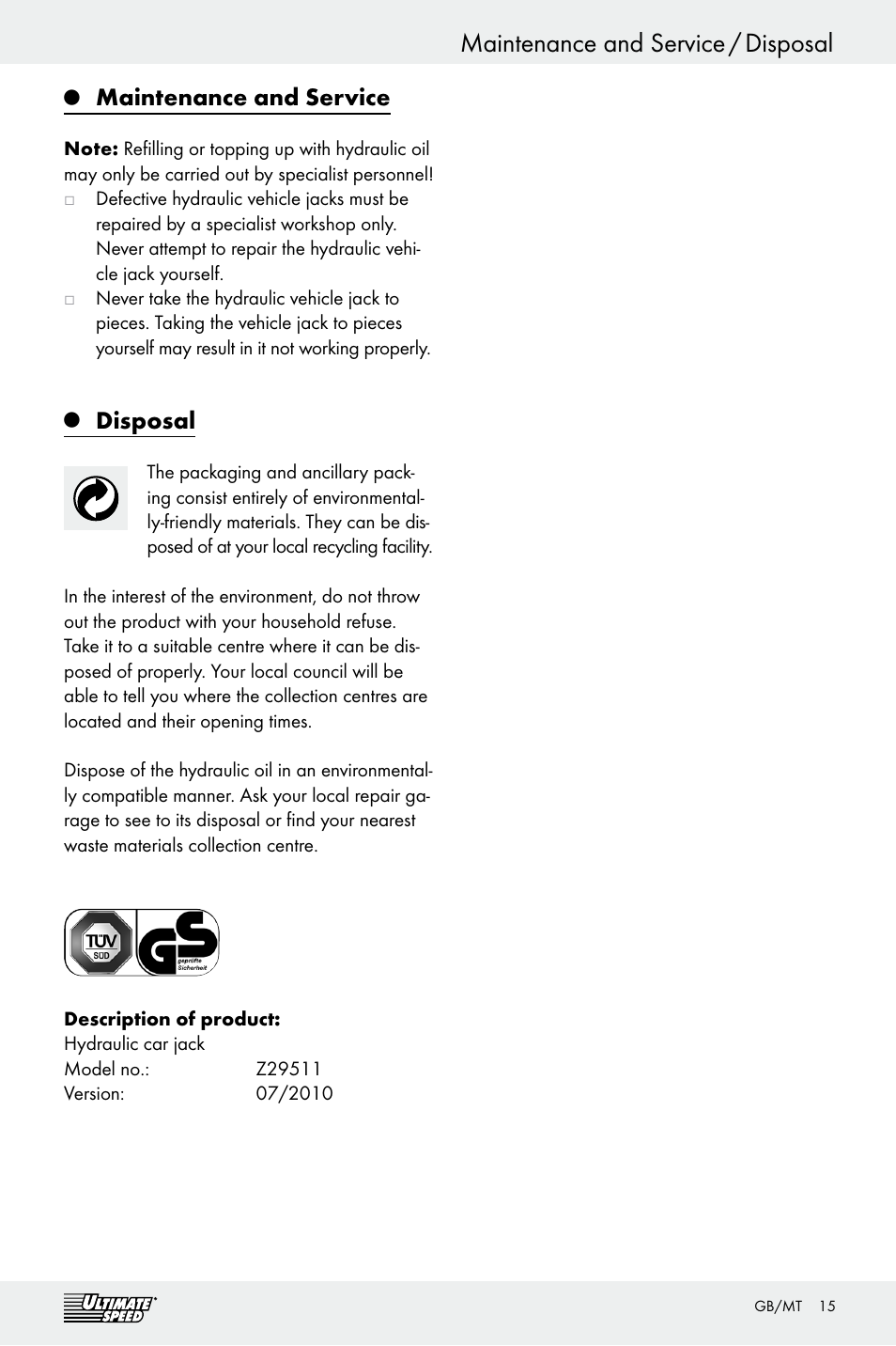 Maintenance and service / disposal, Maintenance and service, Disposal | Ultimate Speed Z29511 User Manual | Page 15 / 19