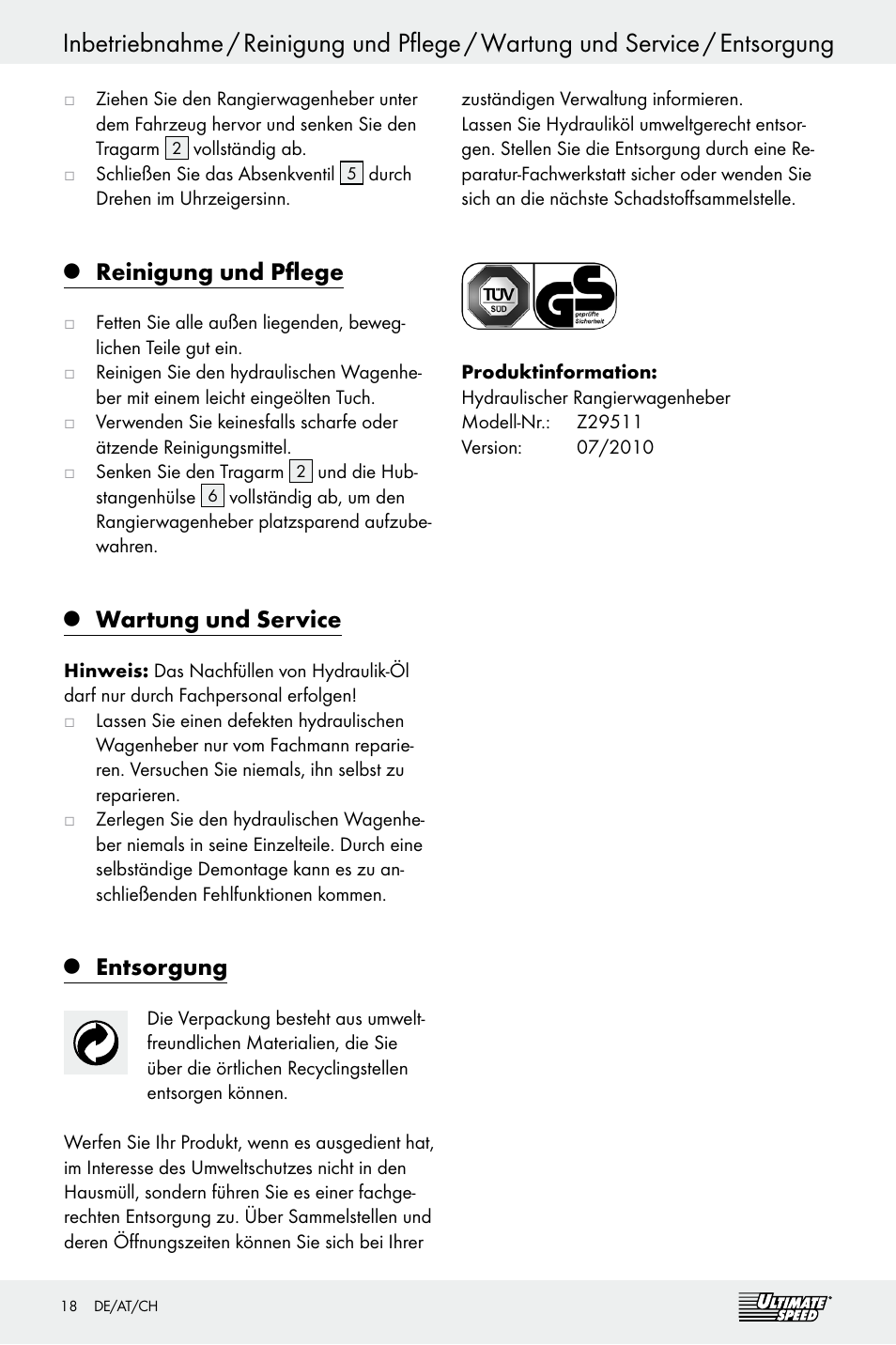 Reinigung und pflege, Wartung und service, Entsorgung | Ultimate Speed Z29511 User Manual | Page 18 / 19