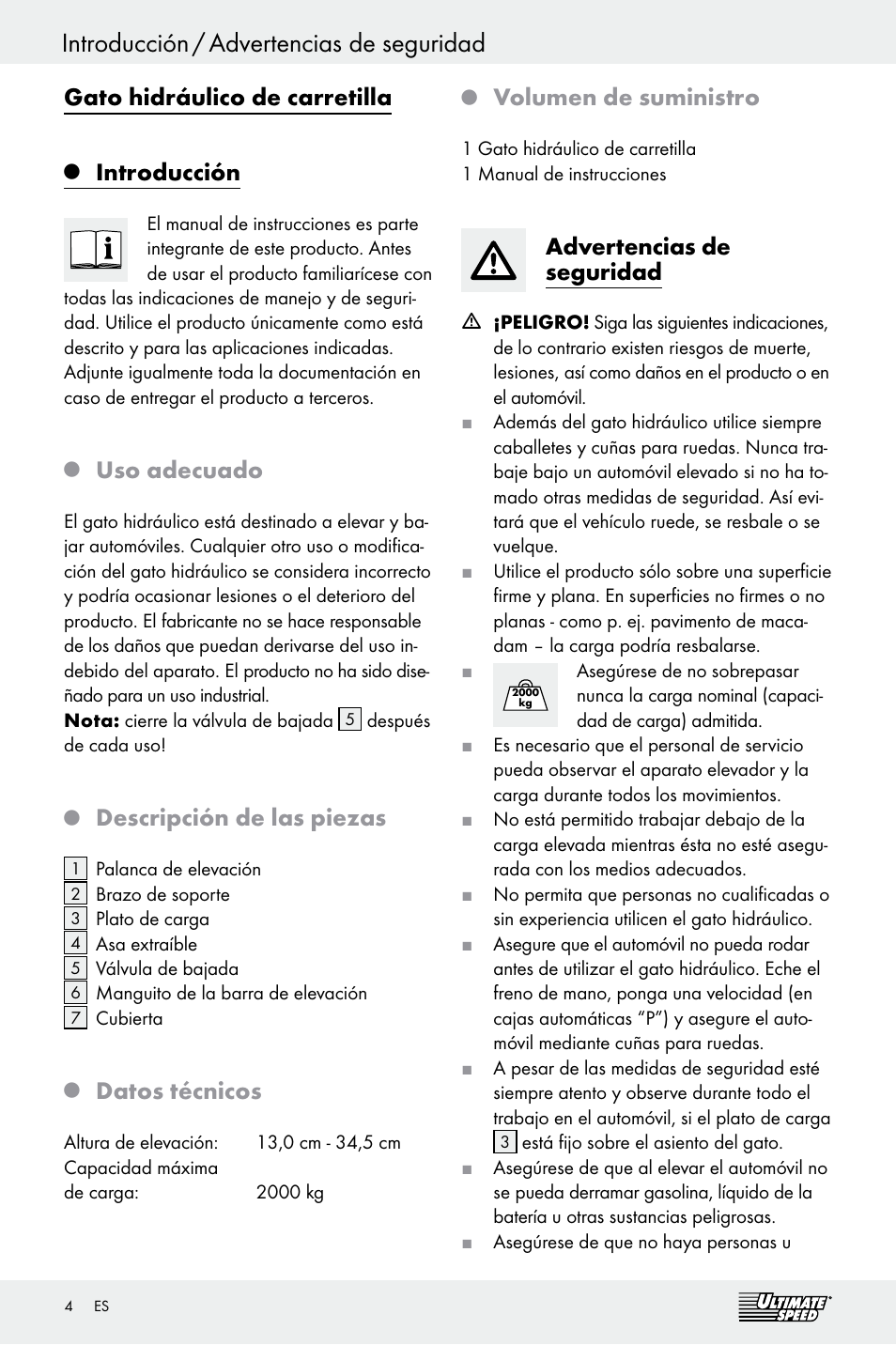 Introducción / advertencias de seguridad, Gato hidráulico de carretilla, Introducción | Uso adecuado, Descripción de las piezas, Datos técnicos, Volumen de suministro, Advertencias de seguridad | Ultimate Speed Z29511 User Manual | Page 4 / 19