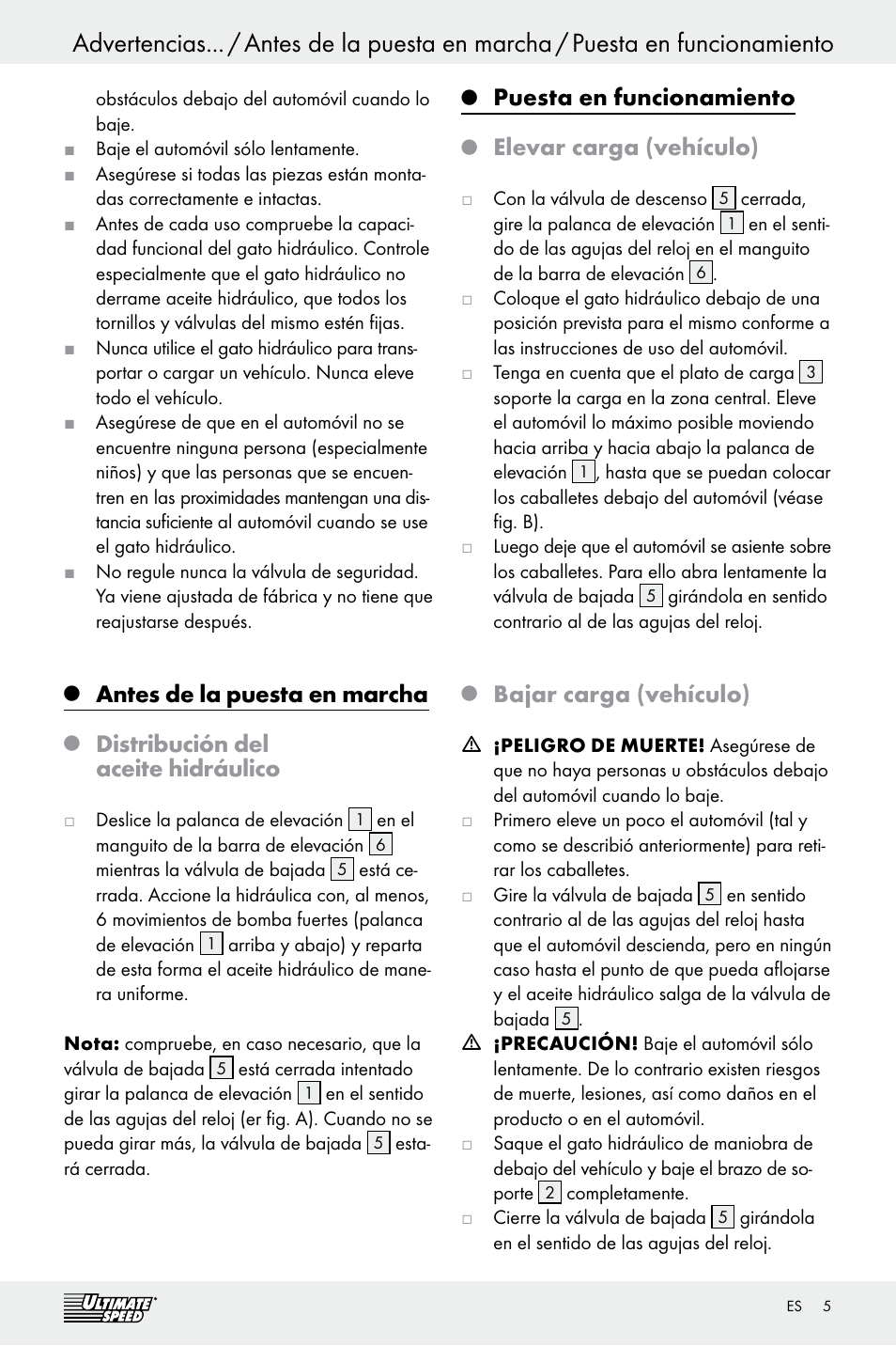 Antes de la puesta en marcha, Distribución del aceite hidráulico, Puesta en funcionamiento | Elevar carga (vehículo), Bajar carga (vehículo) | Ultimate Speed Z29511 User Manual | Page 5 / 19