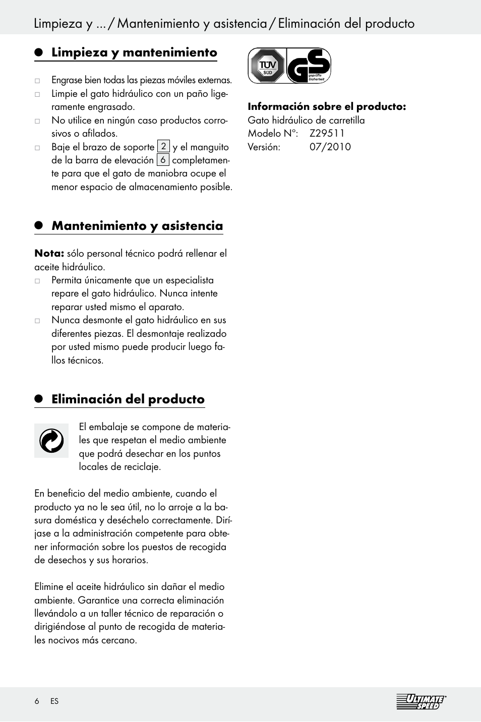 Limpieza y mantenimiento, Mantenimiento y asistencia, Eliminación del producto | Ultimate Speed Z29511 User Manual | Page 6 / 19