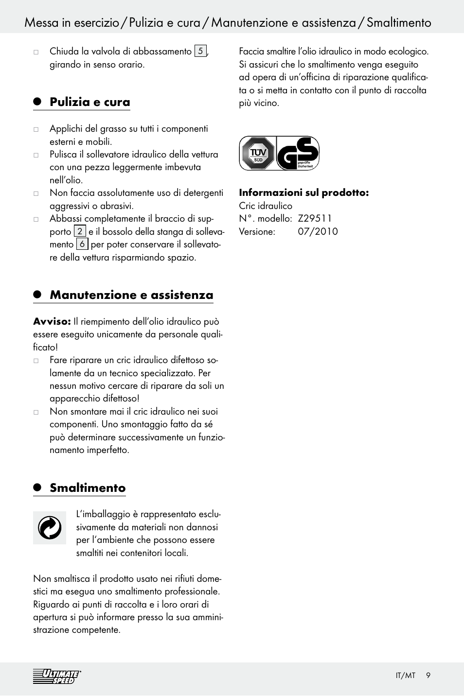 Pulizia e cura, Manutenzione e assistenza, Smaltimento | Ultimate Speed Z29511 User Manual | Page 9 / 19