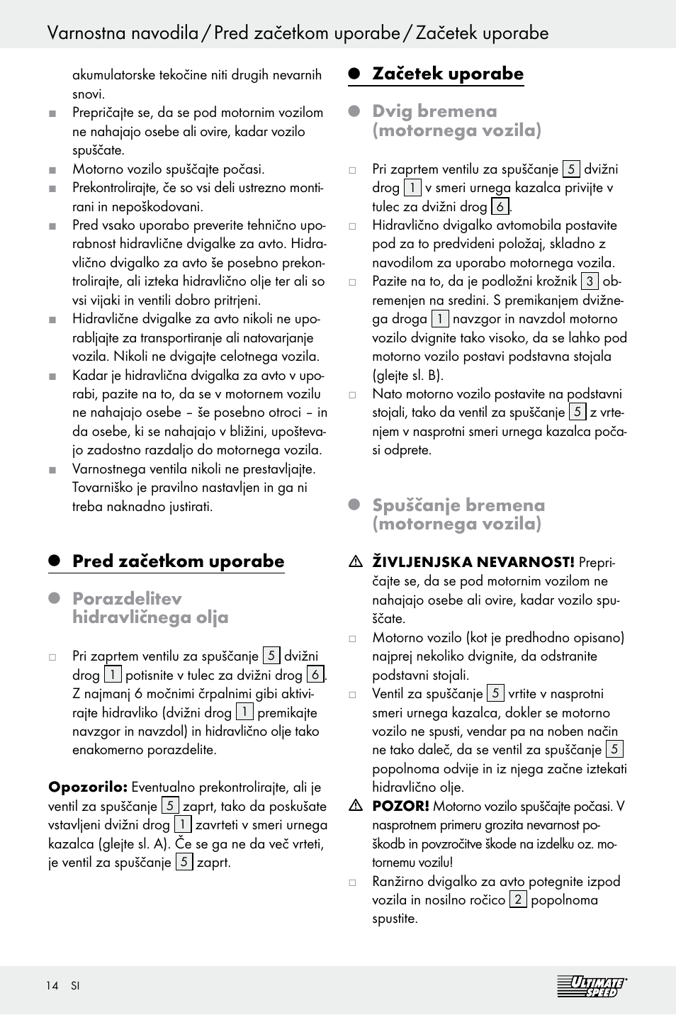Pred začetkom uporabe, Porazdelitev hidravličnega olja, Začetek uporabe | Dvig bremena (motornega vozila), Spuščanje bremena (motornega vozila) | Ultimate Speed Z29511 User Manual | Page 14 / 25
