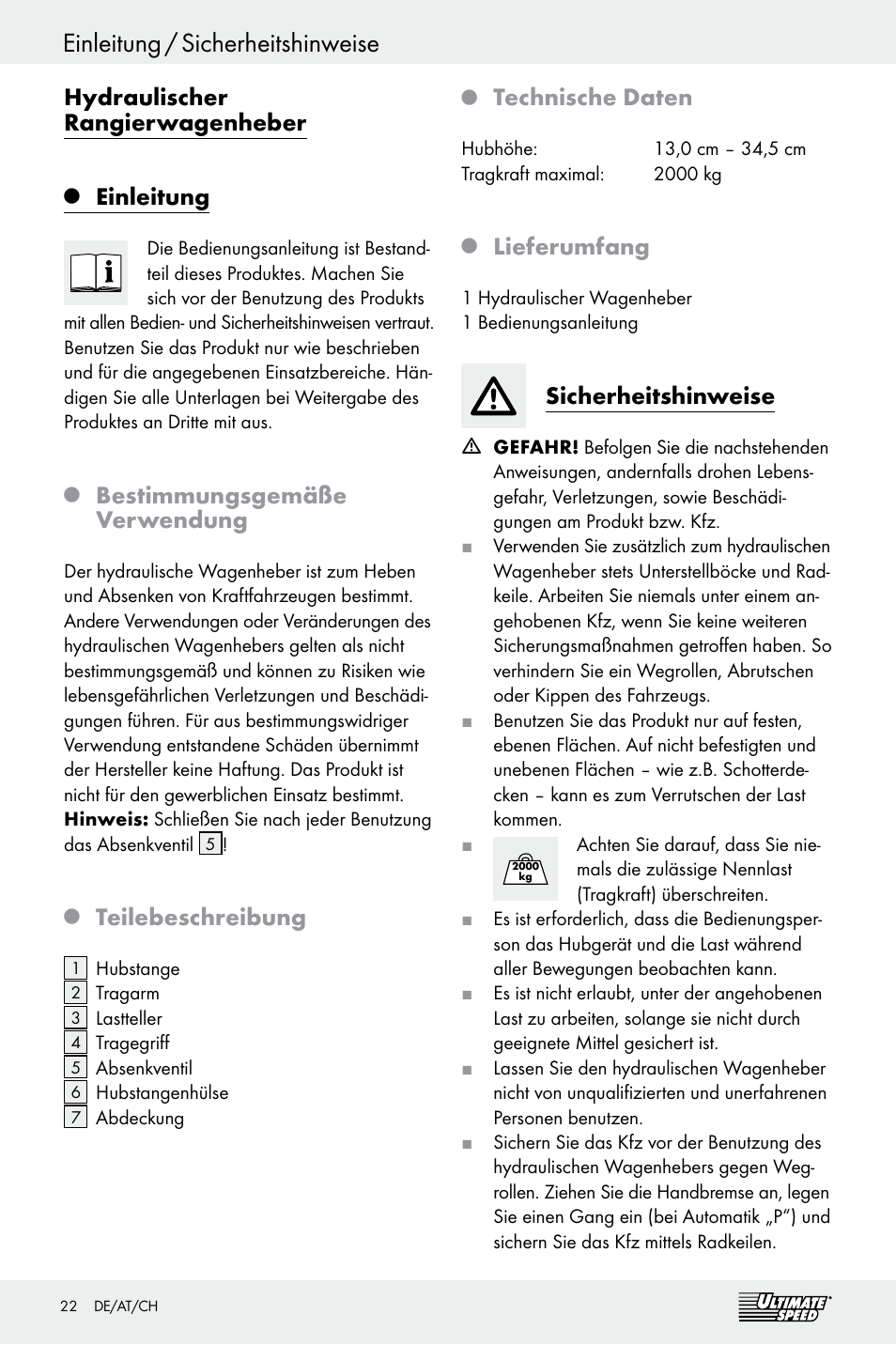 Einleitung / sicherheitshinweise, Hydraulischer rangierwagenheber, Einleitung | Bestimmungsgemäße verwendung, Teilebeschreibung, Technische daten, Lieferumfang, Sicherheitshinweise | Ultimate Speed Z29511 User Manual | Page 22 / 25