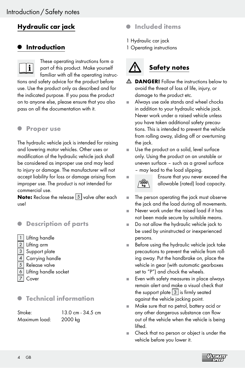 Hydraulic car jack, Introduction, Proper use | Description of parts, Technical information, Included items | Ultimate Speed Z29511 User Manual | Page 4 / 25