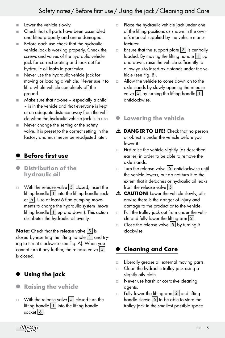 Before first use, Distribution of the hydraulic oil, Using the jack | Raising the vehicle, Lowering the vehicle, Cleaning and care | Ultimate Speed Z29511 User Manual | Page 5 / 25