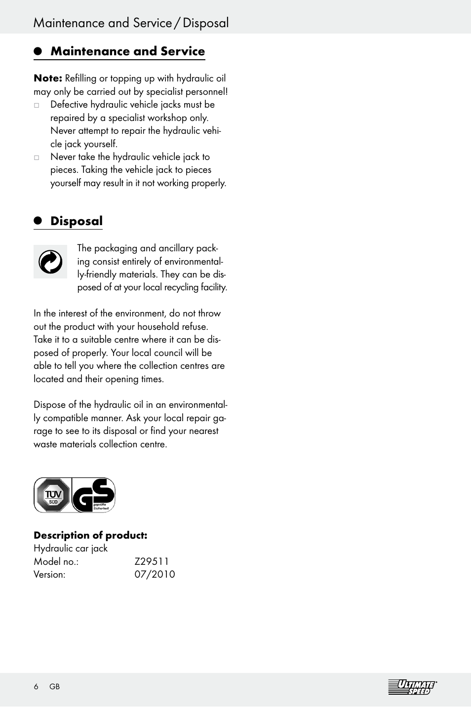 Maintenance and service, Disposal | Ultimate Speed Z29511 User Manual | Page 6 / 25