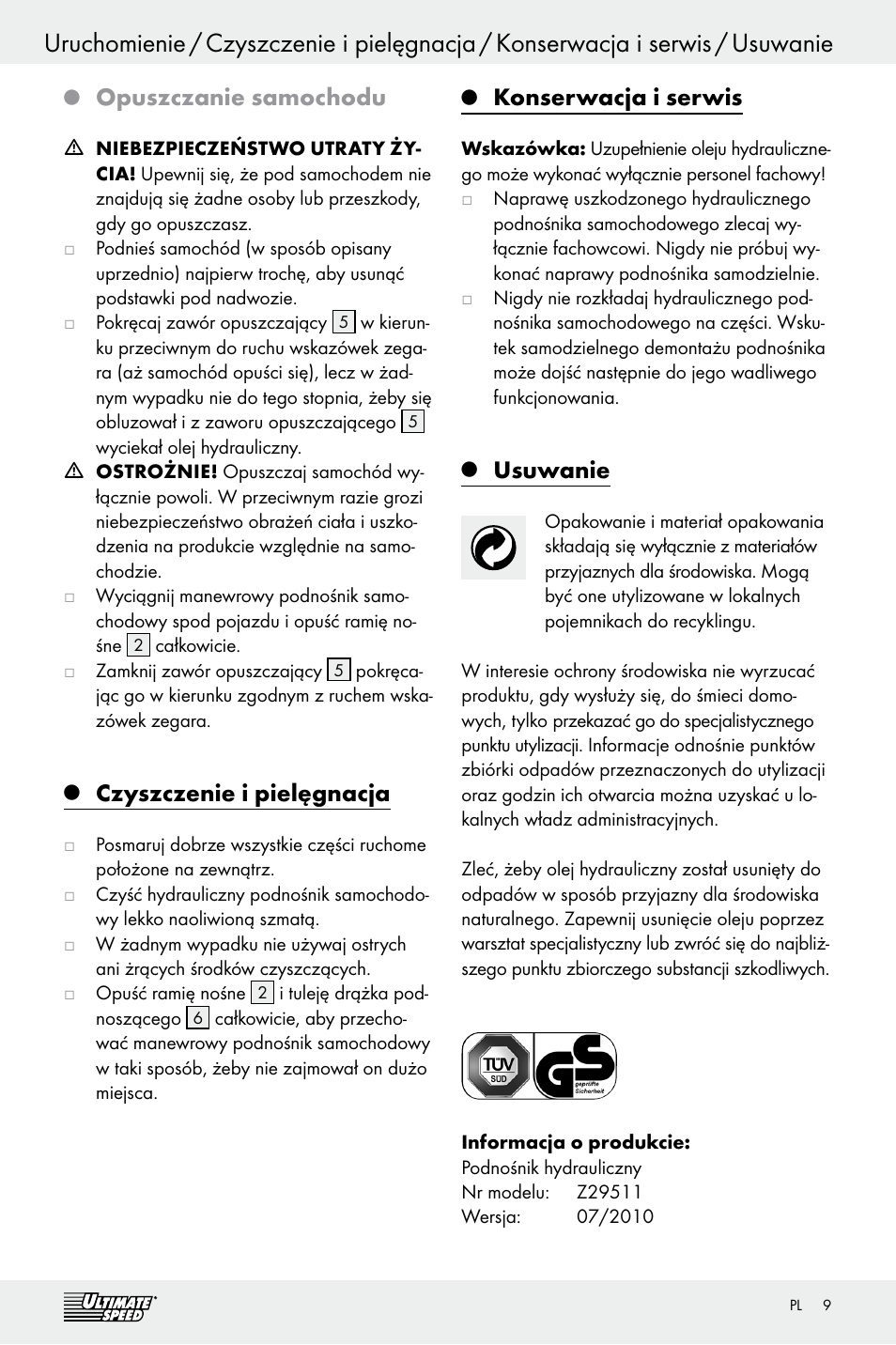 Opuszczanie samochodu, Czyszczenie i pielęgnacja, Konserwacja i serwis | Usuwanie | Ultimate Speed Z29511 User Manual | Page 9 / 25